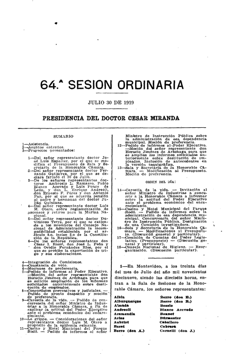 DIARIO DE SESIONES DE LA CAMARA DE REPRESENTANTES del 30/07/1919